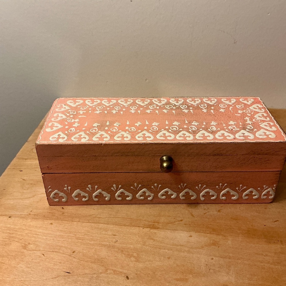 Pink Wooden Keepsake box with textured white detailing